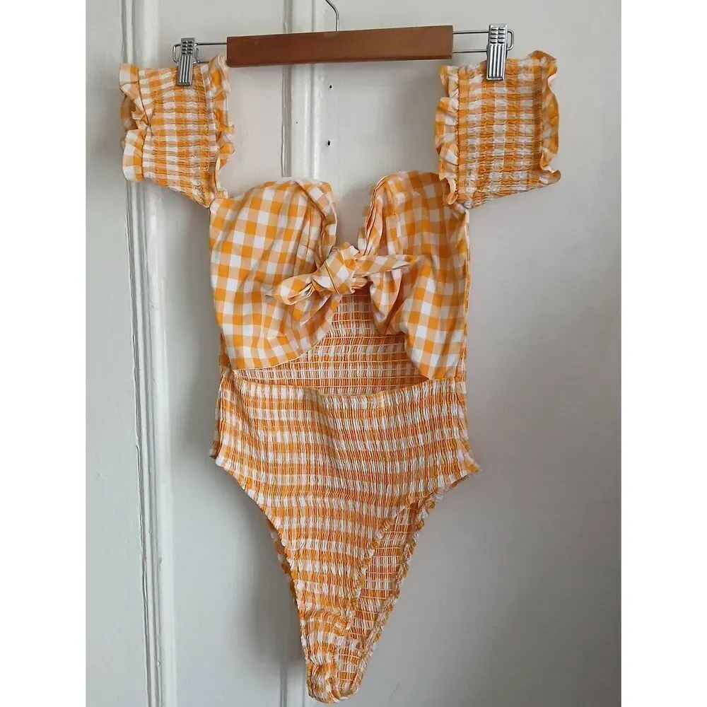 Sabo skirt womens medium yellow gingham plaid Square Neck bodysuit Ruched